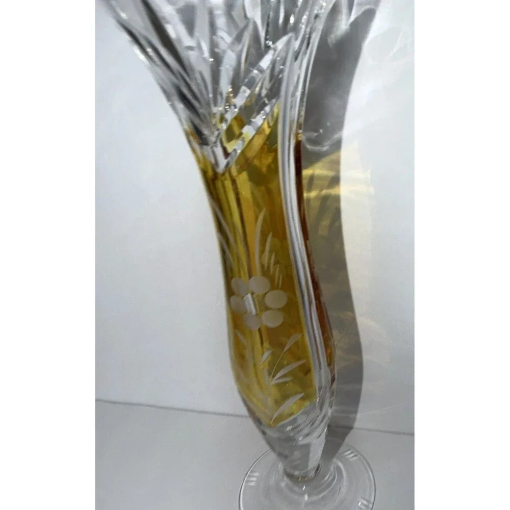 Clear & Amber Cut Glass Vase, Etched Floral Pattern, Decorative, 12 in